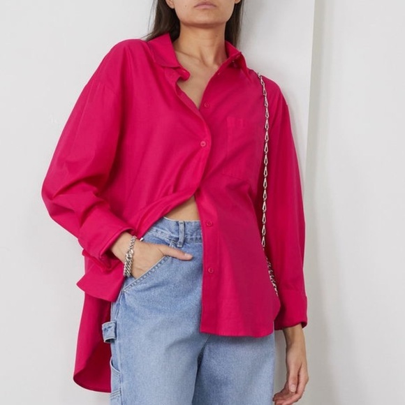 REFORMATION Will Organic Cotton Blend Poplin Shirt In Bright Pink - Picture 1 of 7